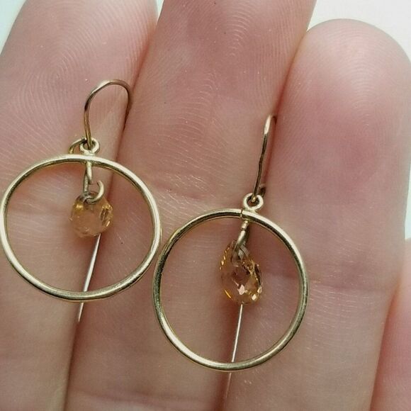 10k Yellow Gold Earrings, Dangle Hoops with Faced Beads, 0.8 Grams AS IS - Picture 2 of 8